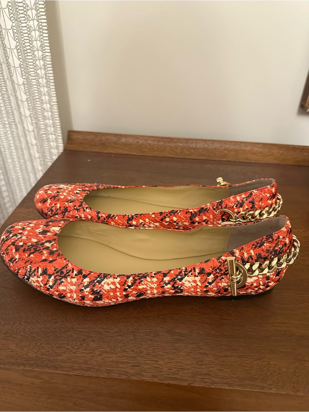 Rachel Zoe Women's Laura Snakeskin with Gold Chain Ballet Flats Shoes size US 10